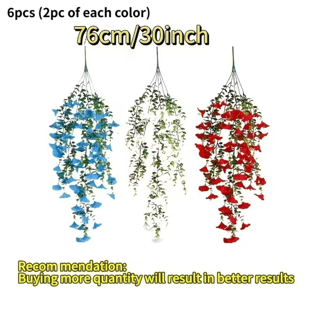 Artificial Flowers Six-Piece Hanging Morning Glory Vine Set in Red White and Blue for Seasonal Decor