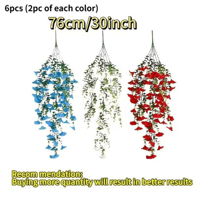Artificial Flowers Six-Piece Hanging Morning Glory Vine Set in Red White and Blue for Seasonal Decor