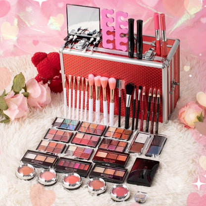 106-Piece Makeup Case Set with Red or Silver Carry Case, Fold-Out Color Palettes, Lip Products and Ten Makeup Brushes