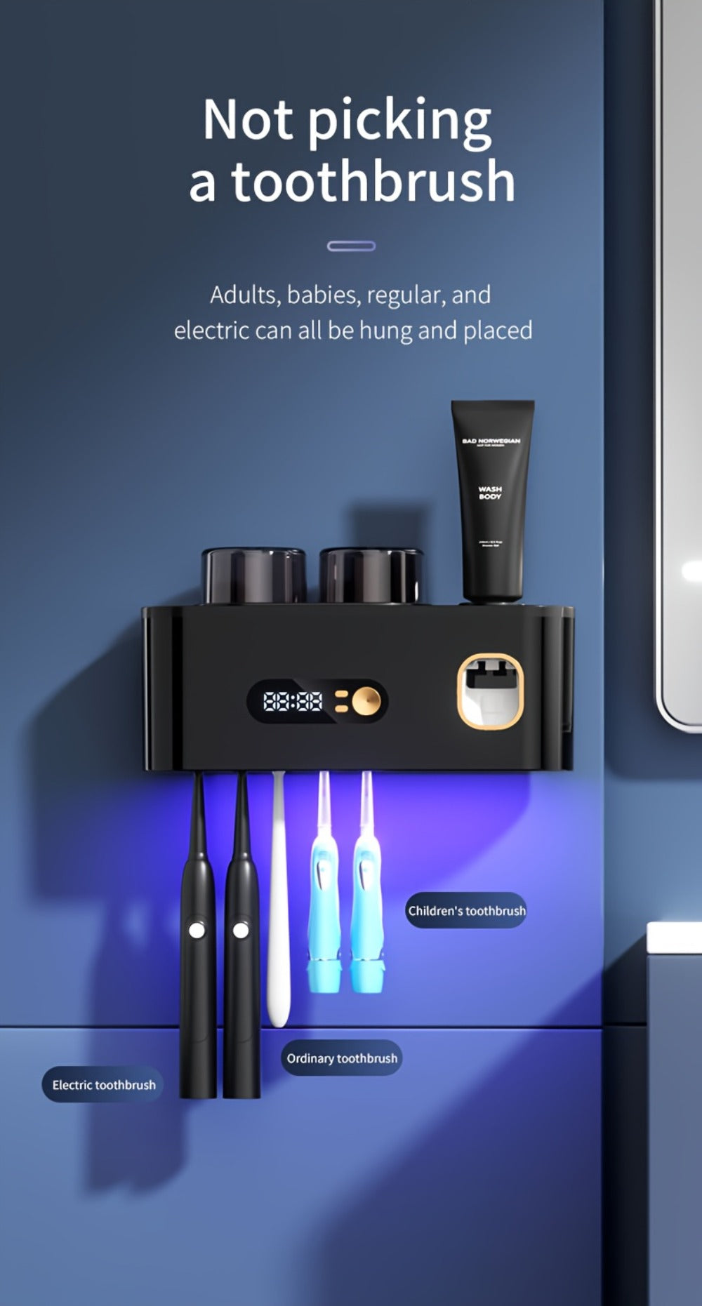 Five-Slot Wall-Mounted Toothbrush Holder with Two Cups, Toothpaste Dispenser and Digital Display
