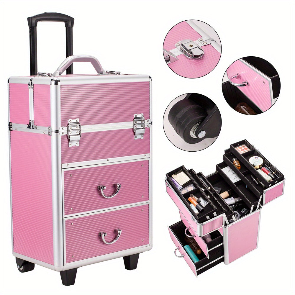 Pink Four-Tier Rolling Makeup Train Case with Fold-Out Top Trays, Two Drawers and Telescoping Handle