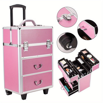 Pink Four-Tier Rolling Makeup Train Case with Fold-Out Top Trays, Two Drawers and Telescoping Handle