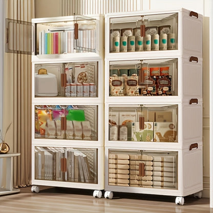 Stackable Storage Cabinet with Doors and Wheels | Collapsible Plastic Locker 1-5 Layers Large Capacity Home Organization for Bedroom Living Room Kitchen Easy Assembly Space Saving
