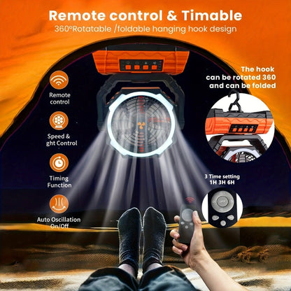 Portable Camping Fan with Dual Motors LED Light & Remote Control, Solar Powered Outdoor Fan with Hook for Tent Work Site Power Outage, Camping Accessories