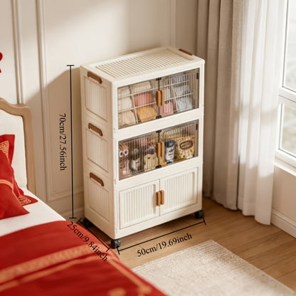 Foldable Plastic Storage Cabinet with Clear Ribbed Doors, Wheels and Large 1-, 3- or 5-Layer Options