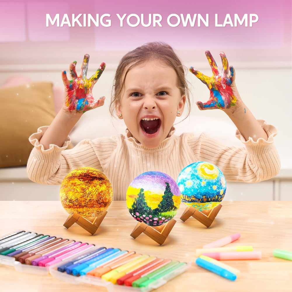 Paint-Your-Own Moon Lamp Craft Kit with 12 Colors, Four Metallic Paints, Two Brushes and Wooden Stand