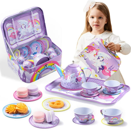 Purple Unicorn Tin Tea Set in Carry Case with Teapot, Four Cups, Four Saucers and Five Plates