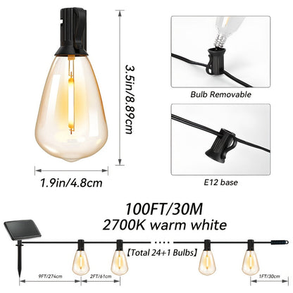 Solar Bulb String Lights in Warm White with ST38-Style Bulbs and 50- or 100-Foot Length Options