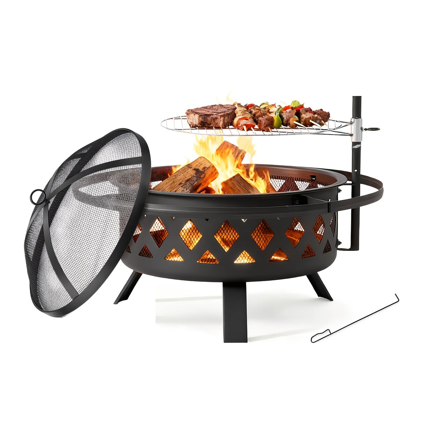 30-Inch Steel Wood-Burning Fire Pit with Grill Grate, Mesh Spark Screen, Poker and Diamond-Cut Bowl Design