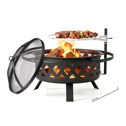 30-Inch Steel Wood-Burning Fire Pit with Grill Grate, Mesh Spark Screen, Poker and Diamond-Cut Bowl Design