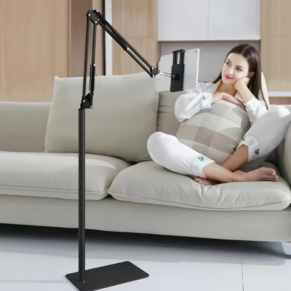 Floor-Standing Phone and Tablet Holder with Articulating Arm, Rotating Clamp and Exact 68.9-Inch Option
