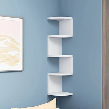 Wall-Mounted Alternating Corner Shelf in White Five-Tier or White and Black Three-Tier Options
