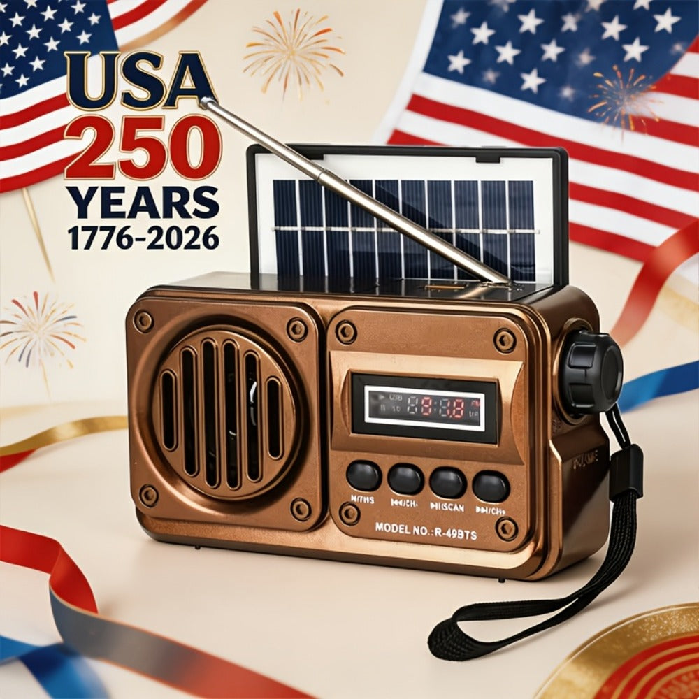 Retro FM Radio Speaker with Solar Panel, Bluetooth, USB and TF Card Playback in Black or Brown