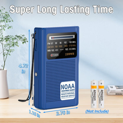Portable AM/FM/NOAA Weather Radio with 2-AA Battery Power, Earphone Jack and Three Color Options