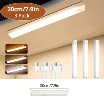Motion Sensor Cabinet Light 3-Pack – 3-Color Temperature Dimmable Under Counter Closet Light, Wireless Magnetic USB Rechargeable for Kitchen, Wardrobe, Stairs, Hallway & Vanity (11cm / 20cm / 40cm)