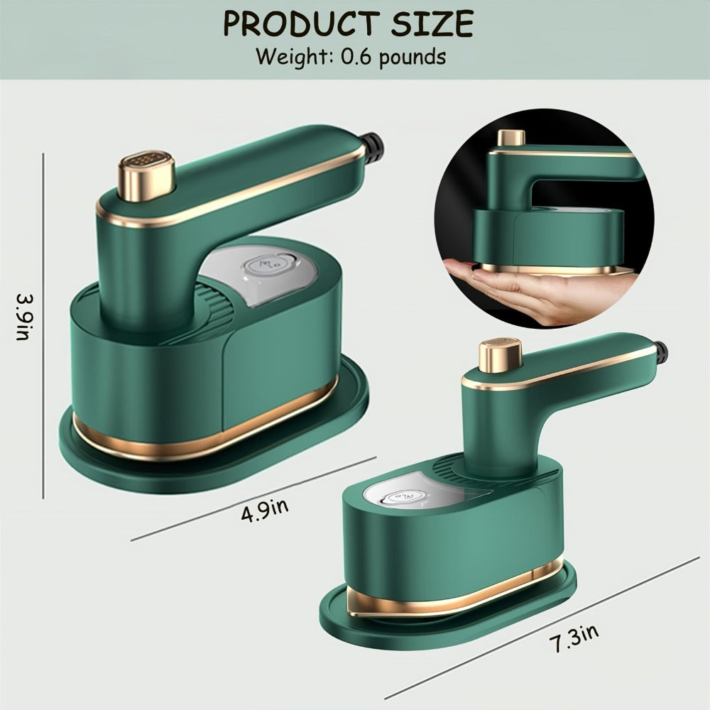 Compact Garment Steamer and Dry Iron in Green, Approximately 7.3 x 4.9 x 3.9 Inches with Ceramic Panel Marking