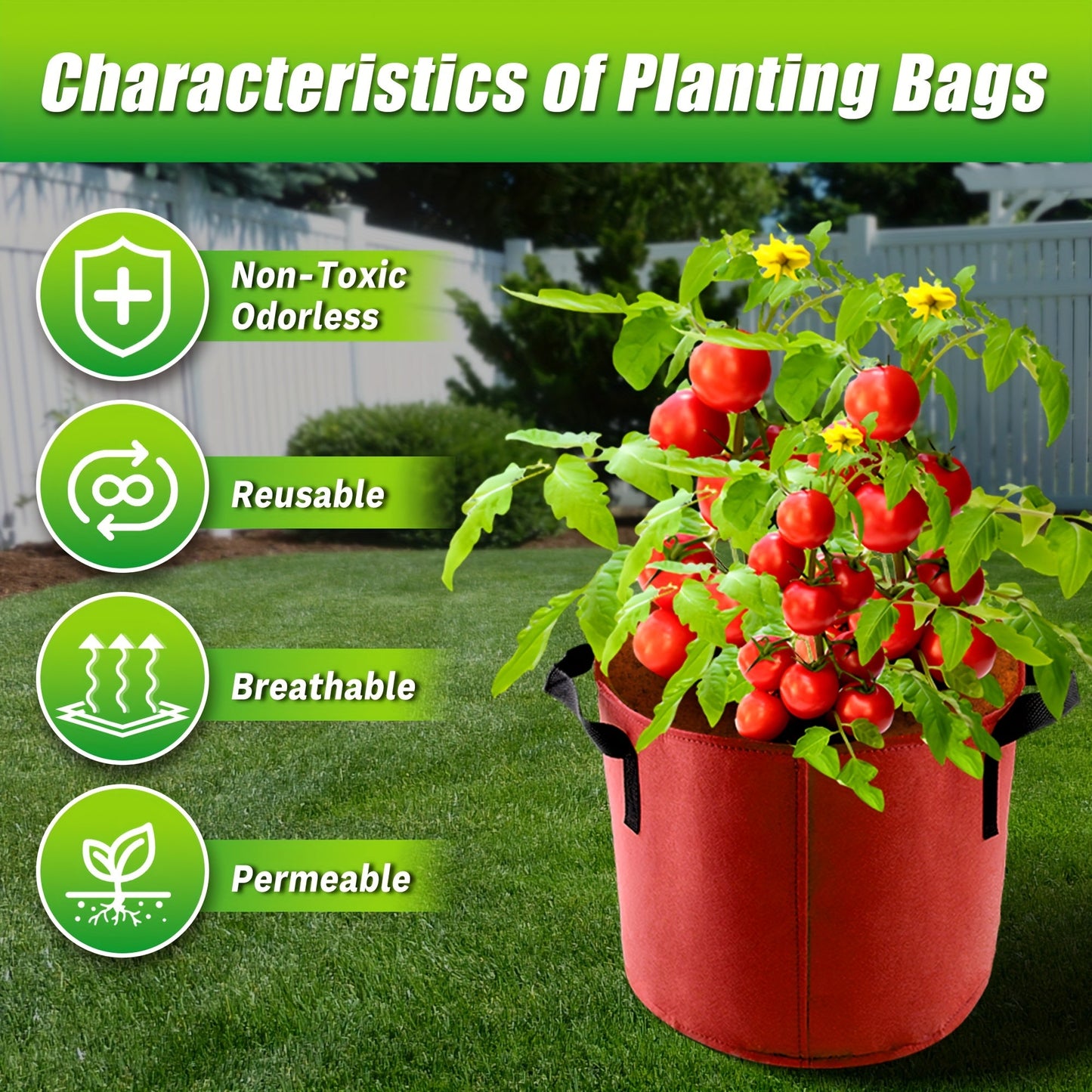Seven-Color 10-Gallon-Labeled Grow Bag Set with Side Handles, 16-Inch Diameter and 12-Inch Height