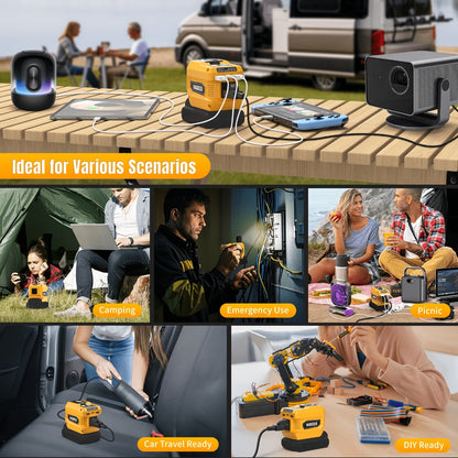 Portable Power Inverter 200W - DeWalt 20V Battery Compatible, DC to AC 110V, 2 USB + Type-C Fast Charging, 400LM Work Light, for Car, Camping & Outdoor Use