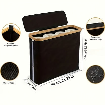 Lidded Toilet Paper Storage Basket with Bamboo-Style Rim in Five Color and Accessory Configurations