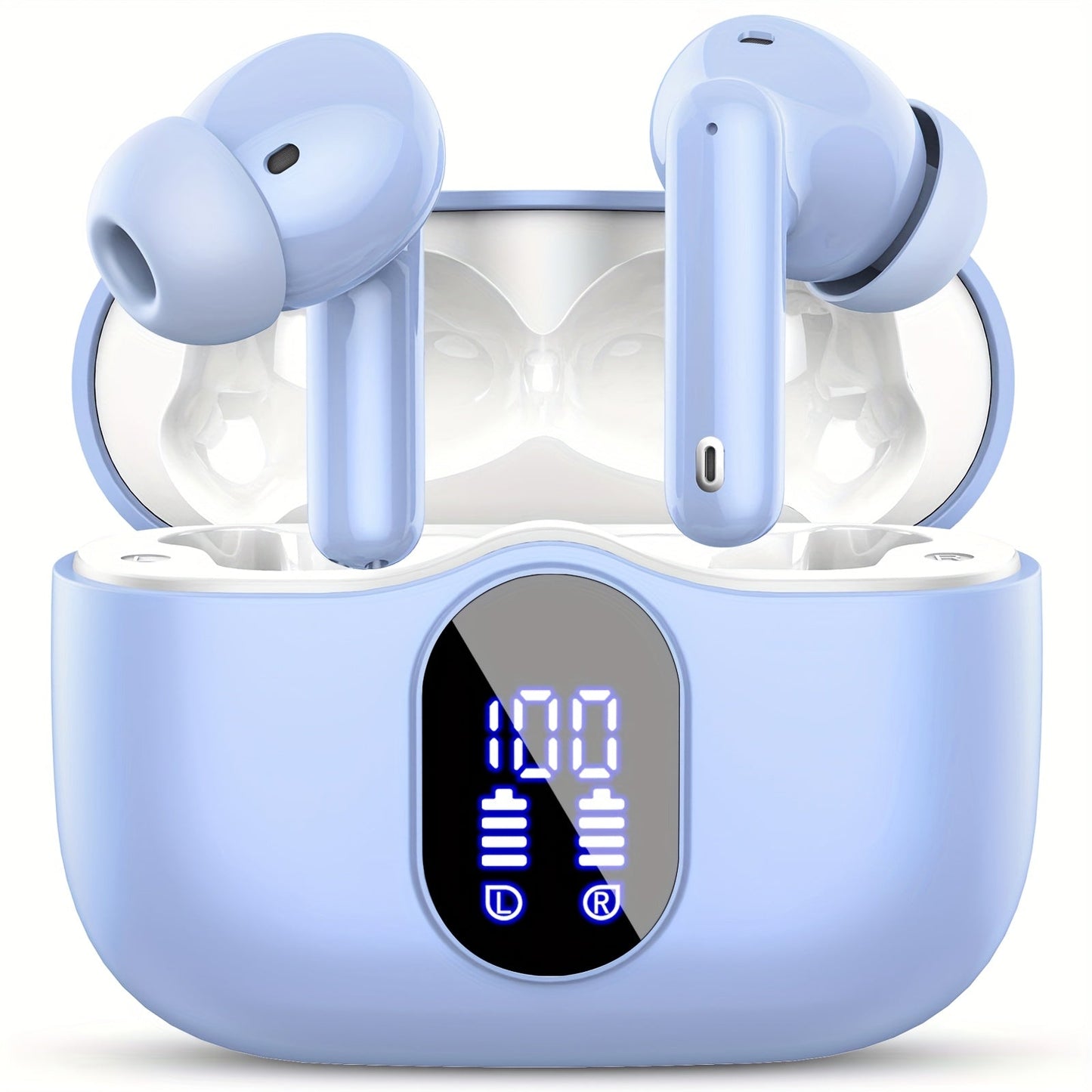 Wireless Earphones Bluetooth 5.3, 40-Hour Playtime, Bass Stereo Sound, LED Display, Noise-Cancelling Mic, Type-C Charging - In-Ear Earphones for Laptop, Tablet, Phone & Sports