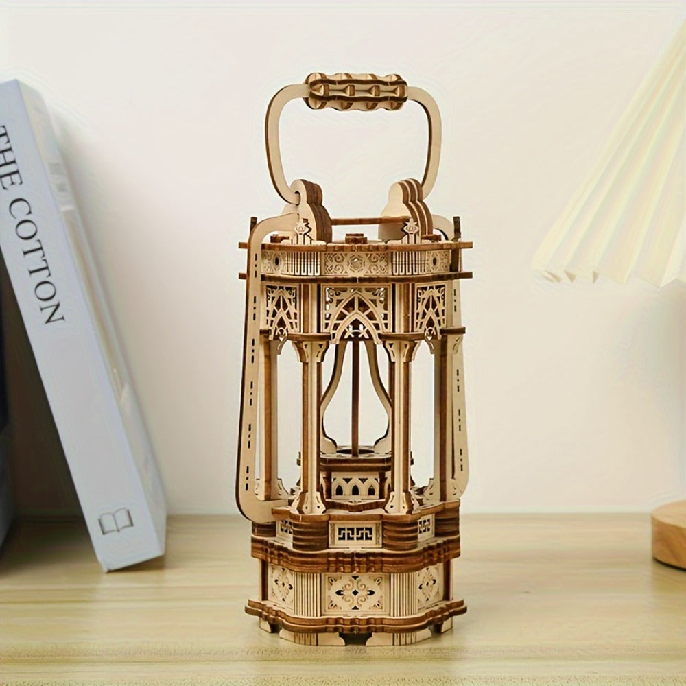 LED Wooden Lantern Model Kit, Rotating Mechanical 3D Wooden Puzzle for Adults & Teens, Glowing Vintage Desk Decor Display