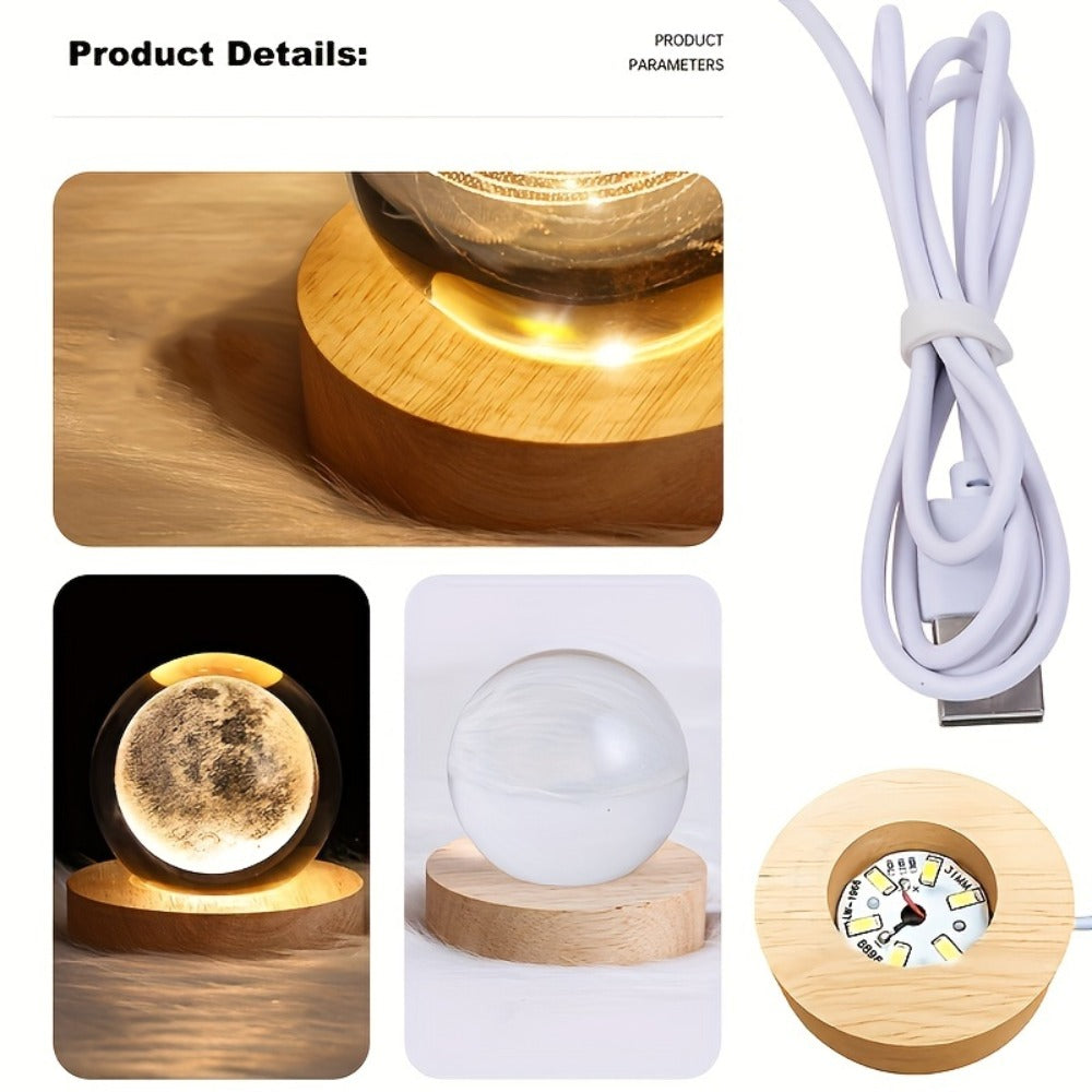 Night Light Blue Starry-Sky Crystal Orb Lamp with 3D Galaxy Pattern, Wood-Tone Base and Single Style