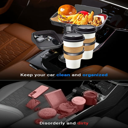 Rotating Car Cup Holder Expander with Dual Drink Rings, 4.3 x 6 Inch Tray, Adjustable Base and Black Finish