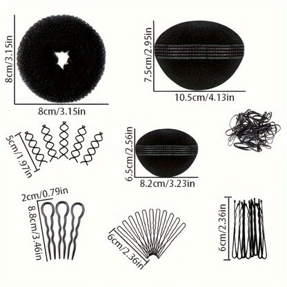 Fifty-One-Piece Hair Styling Accessory Set with Bun Forms, Braiding Loops, Clips and Pins Pictured
