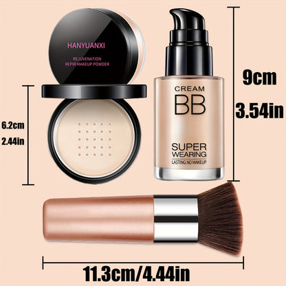 BB Cream Makeup Kit with Powder, Brush and Sponge in Three Exact Numbered Shade Options for Face Makeup