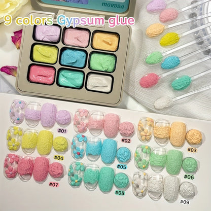 Plaster Texture Nail Art Gel Nine-Color Pastel Palette in a Compact Metal Case for Raised Sculpted Designs