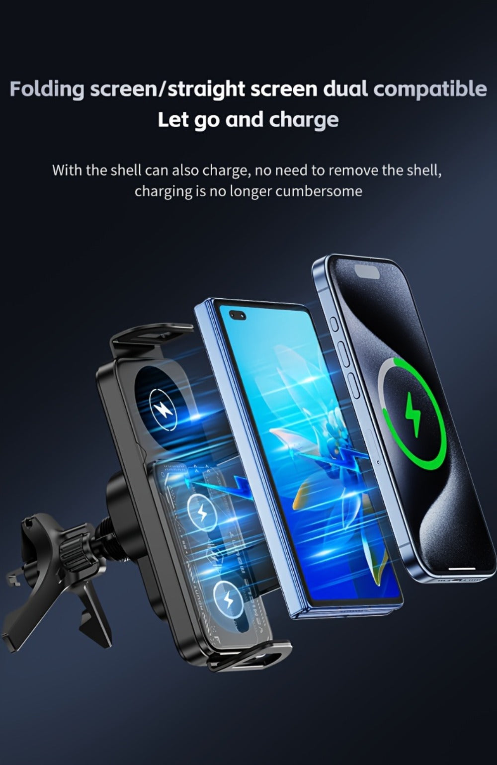 Wireless Charging Car Mount 15W Fast Charge – Universal Phone Holder for iPhone 15 14 13 12 11 8 X, Samsung Galaxy S24 S23 Note20 Fold 5 Fold 6, Supports Folding Screen Smartphones