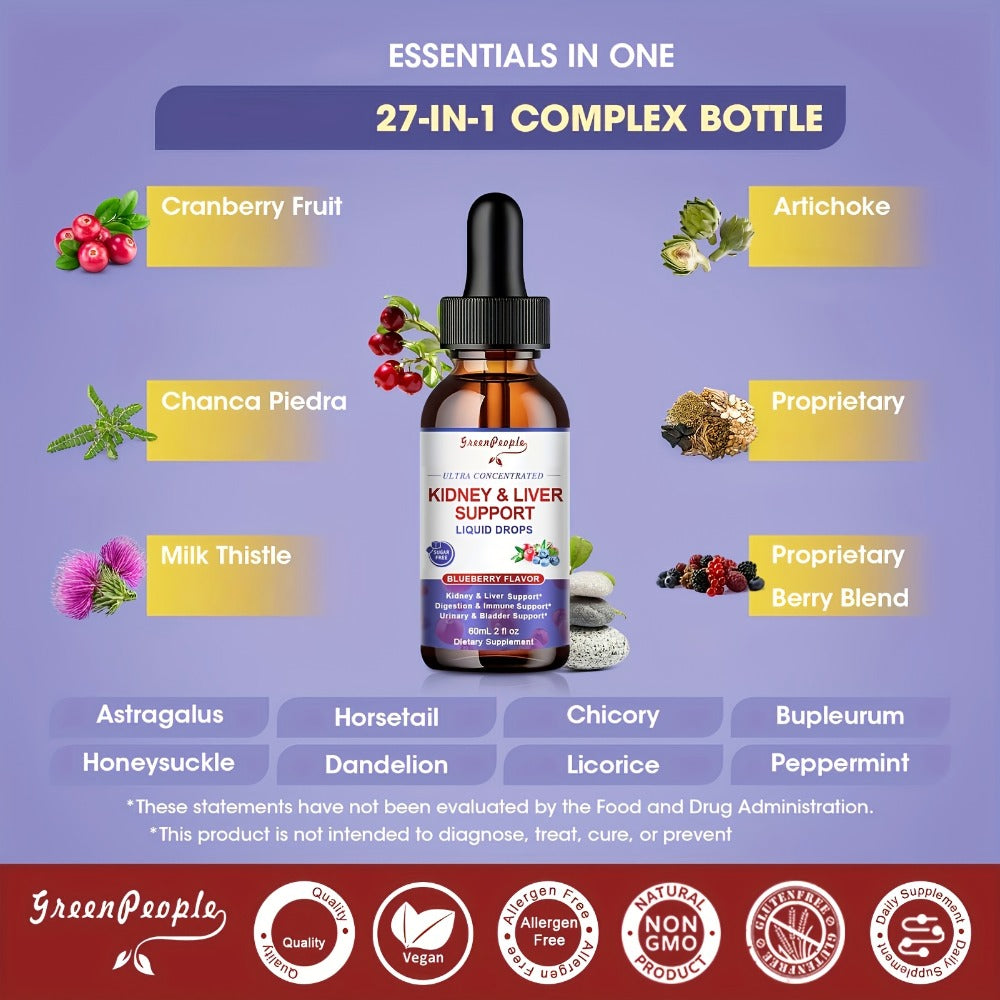 Milk Thistle Liver & Kidney Support Liquid Supplement 27-in-1 Vegan Herbal Formula — Alcohol-Free Fast-Absorbing Detox | Liver Enzyme Balance Kidney Filtration Urinary Wellness | 60ml or 120ml