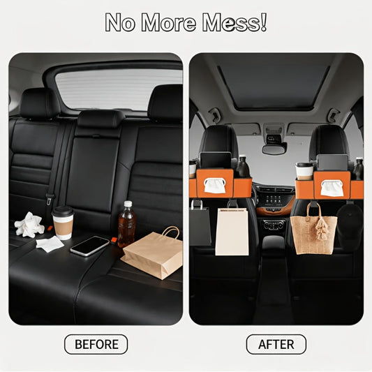 Car Backseat Organizer 8-in-1 – 2-Pack Multi-Function Hanging Storage with Cup Holders & Napkin Drawer, Large Capacity Back Seat Organizer for Family Trips | Black & Beige