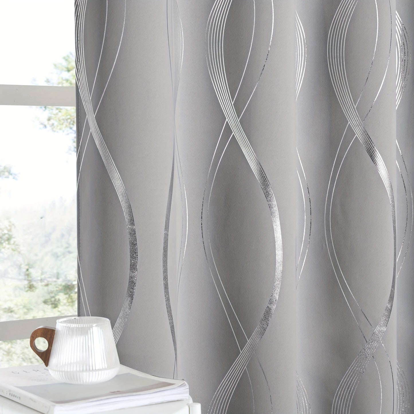 Two-Panel Wave-Line Foil Print Blackout Curtains in 10 Colors with 42- or 52-Inch Width Options