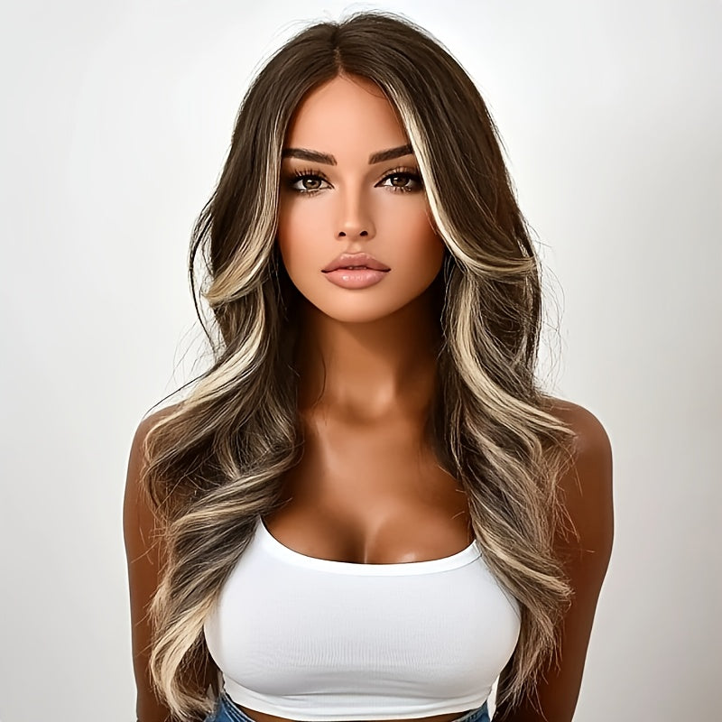 Synthetic Wig 30-Inch Water-Wave Curls with Brown Highlights, Middle Part and Rose Net Cap