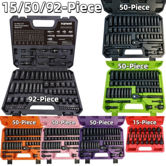 Impact Socket Set 3/8" Drive CR-V - 15/92 Piece Metric & SAE 6-Point with Ratchet Handle Adapter Storage Box for Auto Repair Mechanic DIY