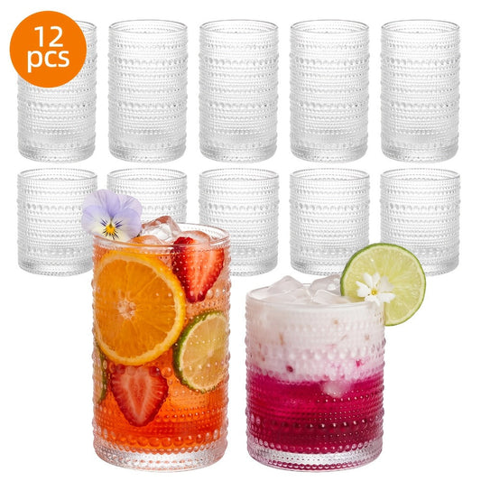 Embossed Highball Glass Drinkware Set, 12-Piece Clear, Green or Blue Cups in 10oz and 12oz Sizes