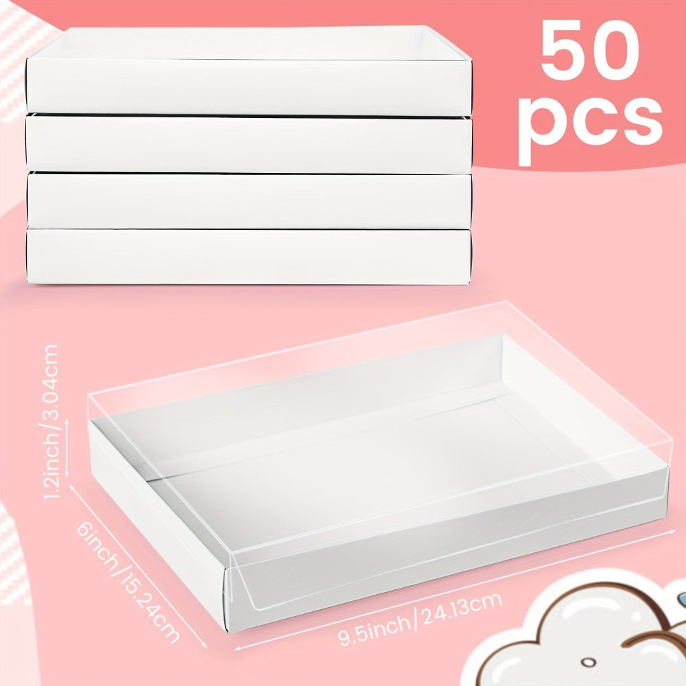50-Pack White Pastry Presentation Boxes with Full Clear Lids and Pictured 9.5 x 6 x 1.2-Inch Size