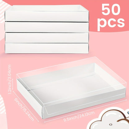 50-Pack White Pastry Presentation Boxes with Full Clear Lids and Pictured 9.5 x 6 x 1.2-Inch Size