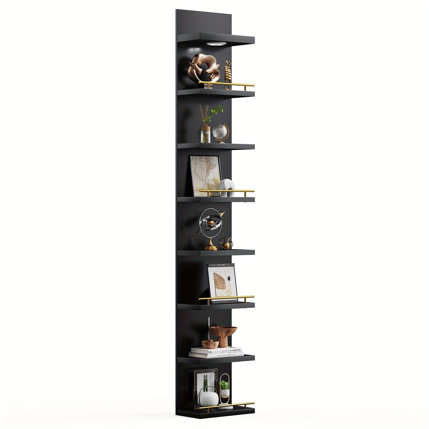 Floating Wall Shelves with LED Light - 6 & 8 Tier Wall Mounted Display Shelf Unit with Anti-Slip Rails for Bedroom, Living Room, Bathroom, Office & Dorm - Modern Space Saving Shelf (Black / White)