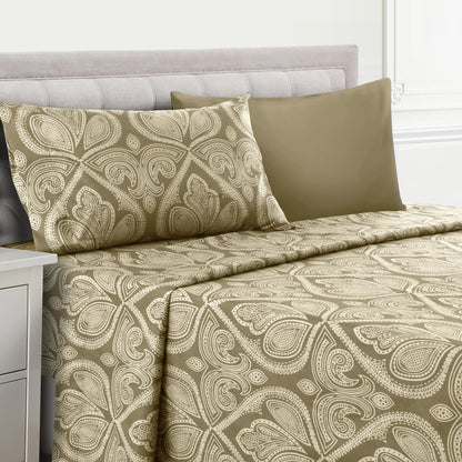 Bed Sheet Set Paisley Brushed Polyester in 4- or 6-Piece Sizing with 16-Inch Pocket and Wash Instructions