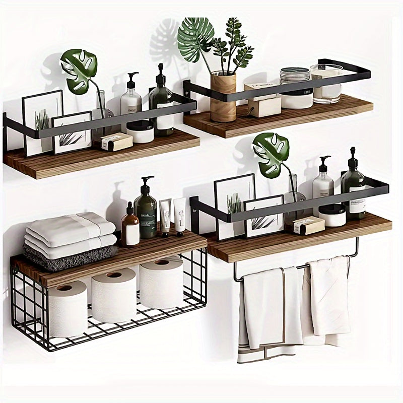 Rustic Wall-Mounted Shelf Sets in Two- or Four-Piece Configurations with Wood Platforms and Black Metal Storage Racks