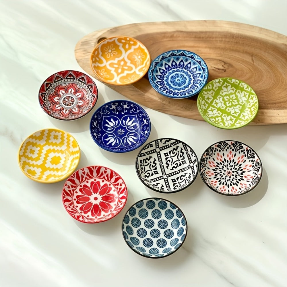Ceramic Condiment Dish Set of 10, Bohemian Small Saucer Dipping Bowls for Soy Sauce, Vinegar & Spices