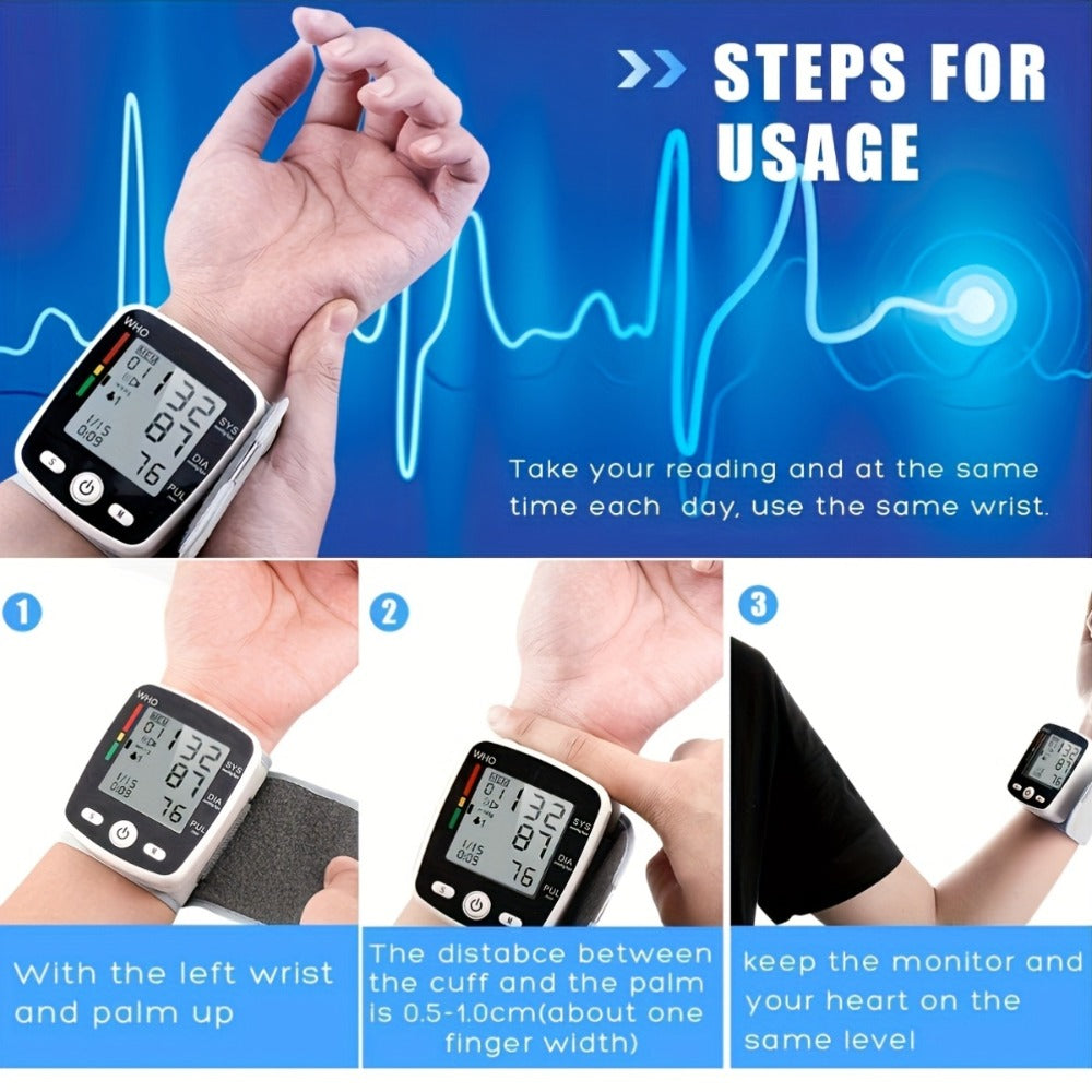 Blood Pressure Monitor Wrist Device with Rechargeable Power, Large LCD, Voice Readout and Two-User 198-Reading Memory