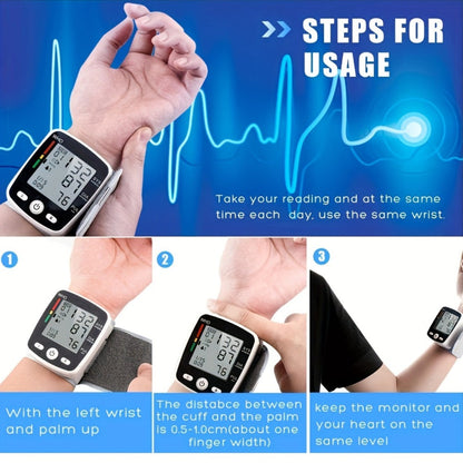 Blood Pressure Monitor Wrist Device with Rechargeable Power, Large LCD, Voice Readout and Two-User 198-Reading Memory