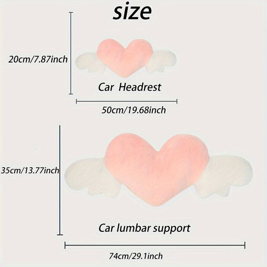Car Headrest Neck Pillow Heart Shape with Angel Wings – Cute Plush Lumbar Cushion & Seat Back Pillow, Car Interior Decor Accessory, Gift for Women