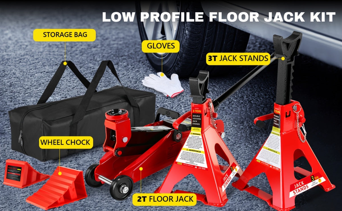 Hydraulic Floor Jack Kit 2/2.5/3 Ton Low Profile Trolley Jack with Jack Stands, Tire Repair Kit, Wheel Wrench & Wheel Chock Combo - Red/Blue