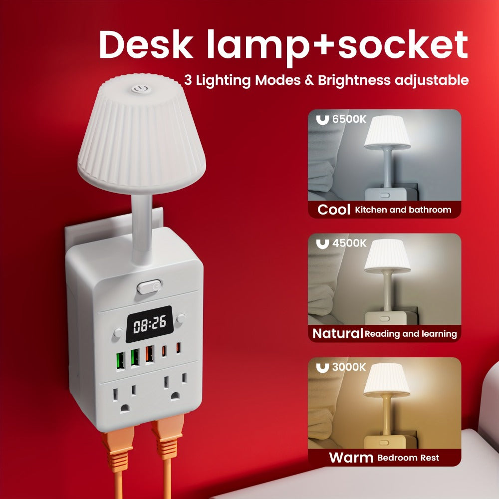 Power Strip Desktop Station with LED Clock, Desk Lamp, 4 AC Outlets, 3 USB-A, 2 USB-C and Master Switch