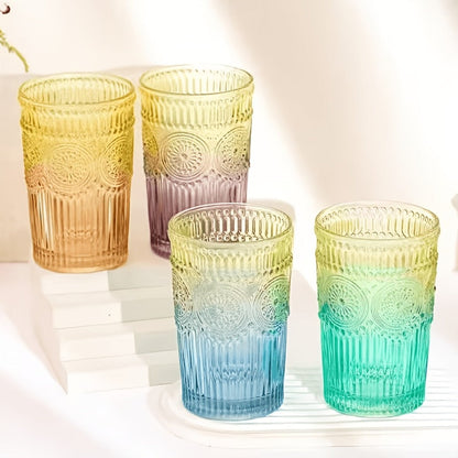 Vintage Embossed Drinking Glasses, Six-Piece 14-Ounce Tumbler Set in Six Gradient Colors for Table Settings