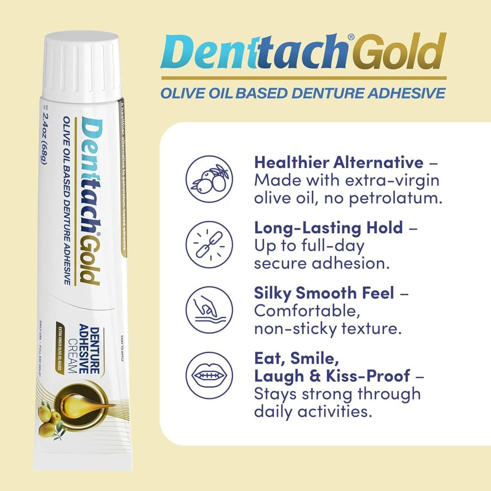 Denture Adhesive Cream Zinc-Free Olive Oil Formula, All Day for Full & Partial Dentures Petroleum-Free